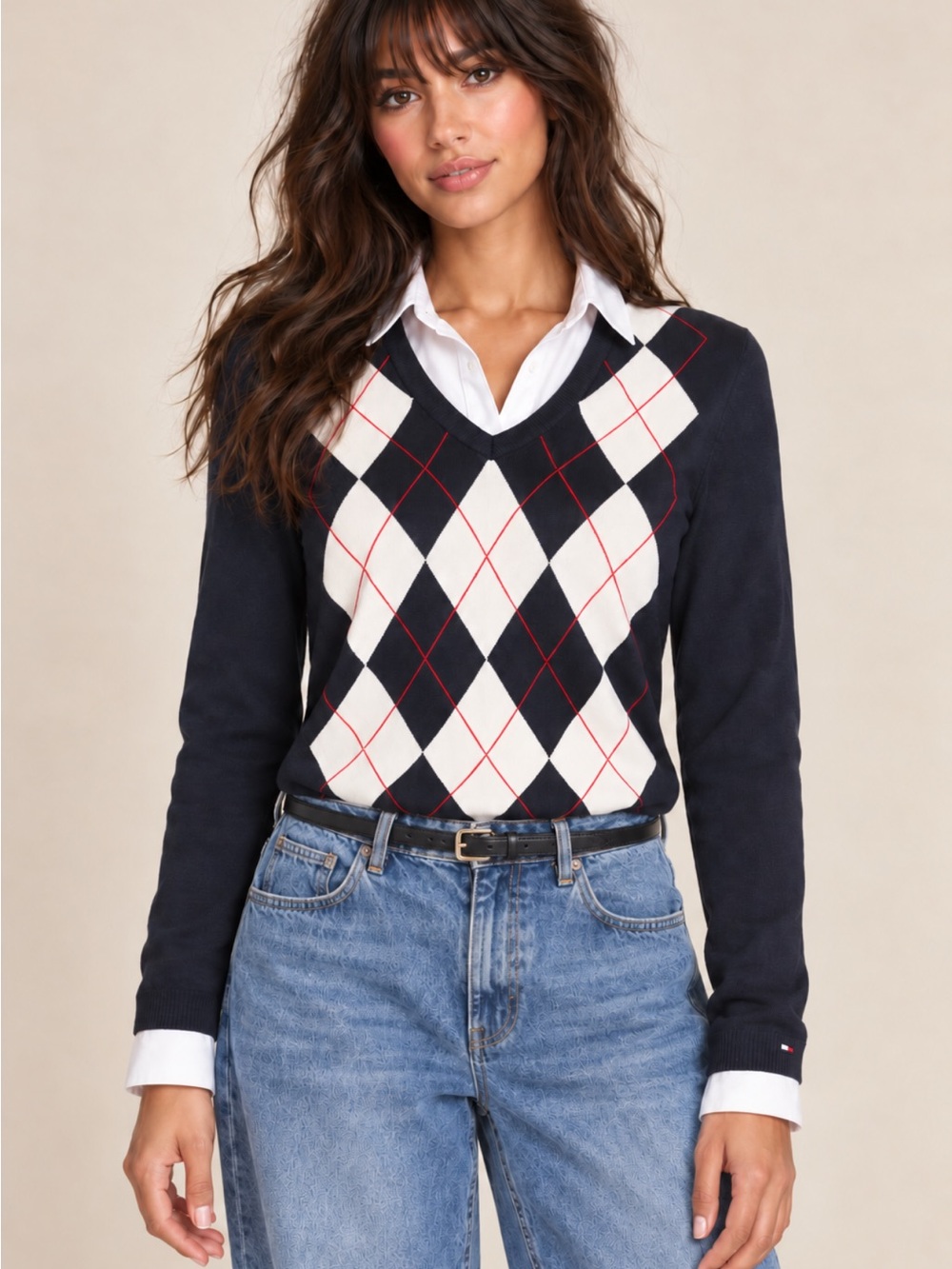 Tommy Hilfiger Argyle V-Neck Sweater Academia Preppy Sportswear Navy Blue Small